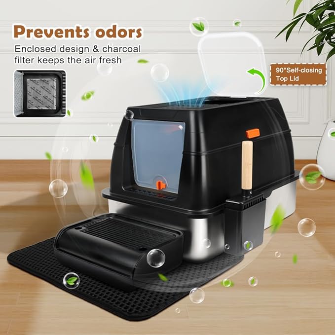 Vivifying Stainless Steel Litter Box with Lid, XL Front Entry Enclosed Extra Large Litter Box for Big Cats & Kitty, Top Exit Metal Cat Pan with Scoop, Mat, Footboard, Charcoal Filter (Black)