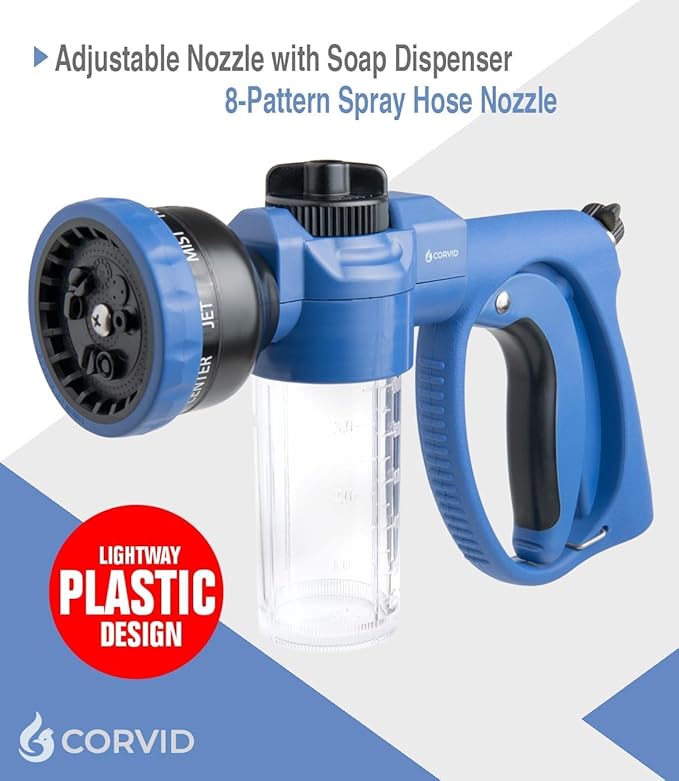 2-Pack Corvid Adjustable Nozzle with Soap Dispenser, 8-Pattern Spray Hose Nozzle for Cleaning Cars, House, and Pets - Lightweight Plastic Design (2)