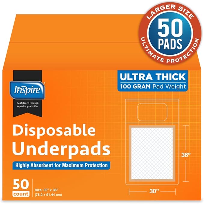 Inspire XL 30 x 36 Ultra 100 Grams Super Absorbent Bed Pads for Incontinence (50)