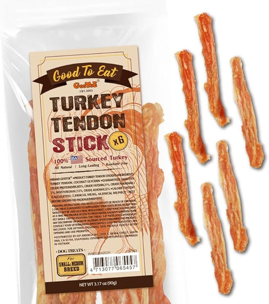 Gootoe Turkey Tendon Dog Treats, Stick (M) 3.17 oz, USA-Sourced Turkey Tendon, Natural Snack, Premium Puppy Chews, Hypoallergenic, Rawhide Free, Reseal Value Bags, Size for Medium Dogs