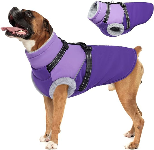 Large Dog Jacket - Built-in Harness, Waterproof & Windproof, Fleece Lined, Perfect for Snow & Winter