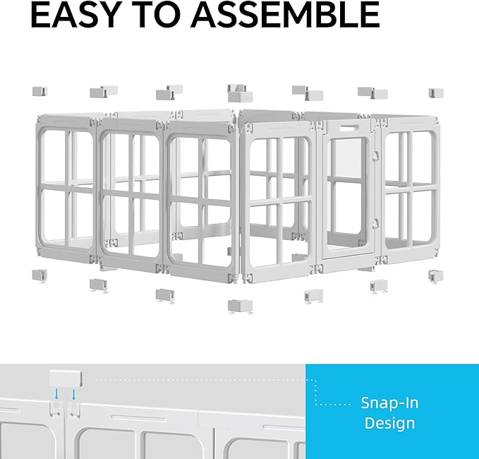 Clear Acrylic Dog Playpen Indoor, 12 PCS Plastic Puppy Playpen with Door, Cat Rabbit Ferret Pet Play Pen, Easy Assemble Dog Fence Crate Kennel Whelping Cage Enclosure for Small Dogs, White