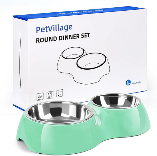 Elevated Dog Bowls Set - Non-Slip Raised Pet Feeder with Medium (2 Cups) & Large (4 Cups) Stainless Steel Bowls - Includes Durable Resin Stand for Puppies, Adult Dogs & Cats - Green