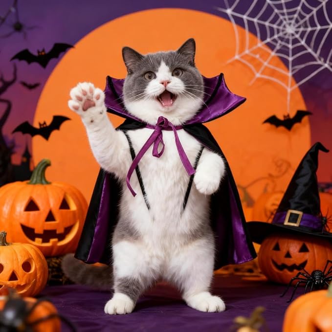 Halloween Pet Costume Premium Cape for Cats and Small Dogs - Adjustable Vampire Cloak, Wizard & Witch Cosplay Outfit with Secure Tie-good cat halloween costumes Closure for Halloween,Christmas（purple）