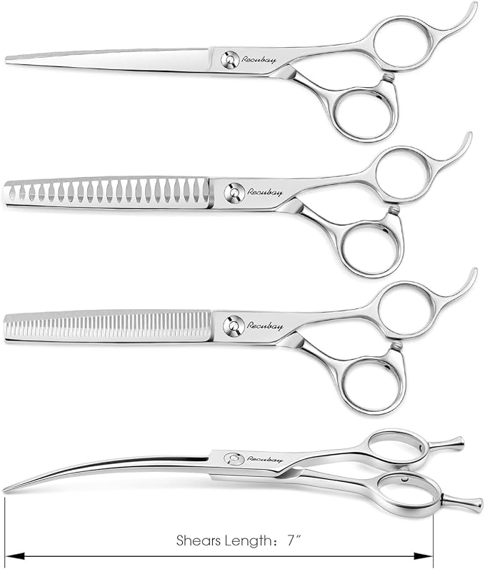 Dog Cat Scissors for Grooming, Pet Shears for Thick Coats and Matted Hair, Thinner Curved Straight Chunker Stainless Steel Shears