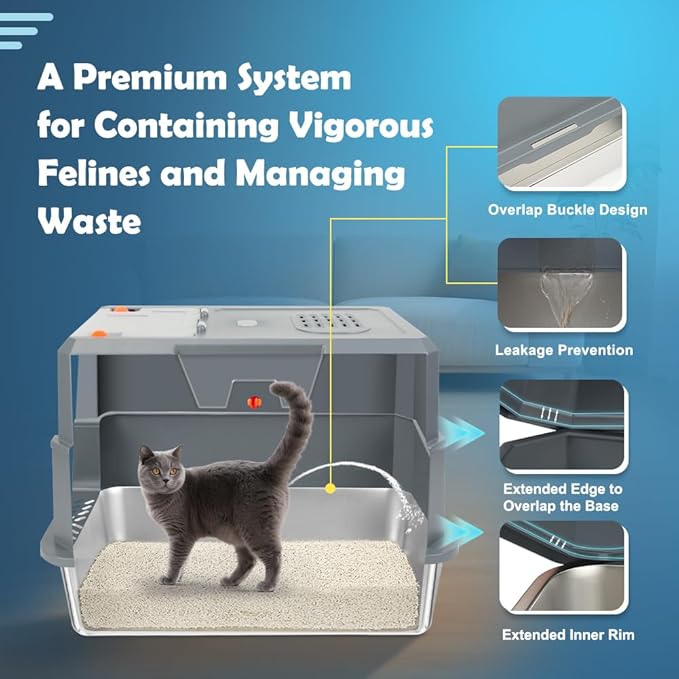 SZEE Stainless Steel Litter Box, Large Size, Fully/Half Enclosed Design, Foldable Front Door for Scooping, Activated Charcoal Odor Control, Prevent Splashing Out