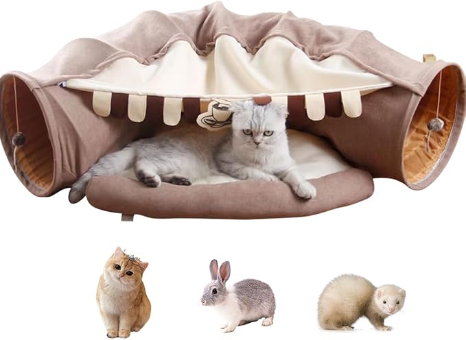 Cat Rabbit Tunnel Bed Nest for Cats Indoor, with Collapsible Washable Soft Cushion, Plush Ball and Exercise Wheel Tube, Fit for Puppy Bunny Kitty Kitten Ferret(2.Coffee)