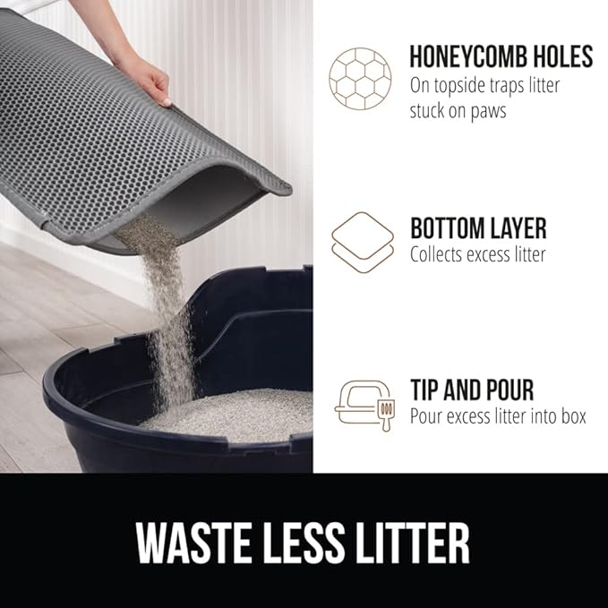 GORILLA GRIP Honeycomb Cat Litter Box Mat, Two Layer Trapping Waste Mats, Soft On Paws, Litter Box Supplies and Essentials for Indoor Cats, Traps Excess, Water Resistant for Floors, 30x24 Gray