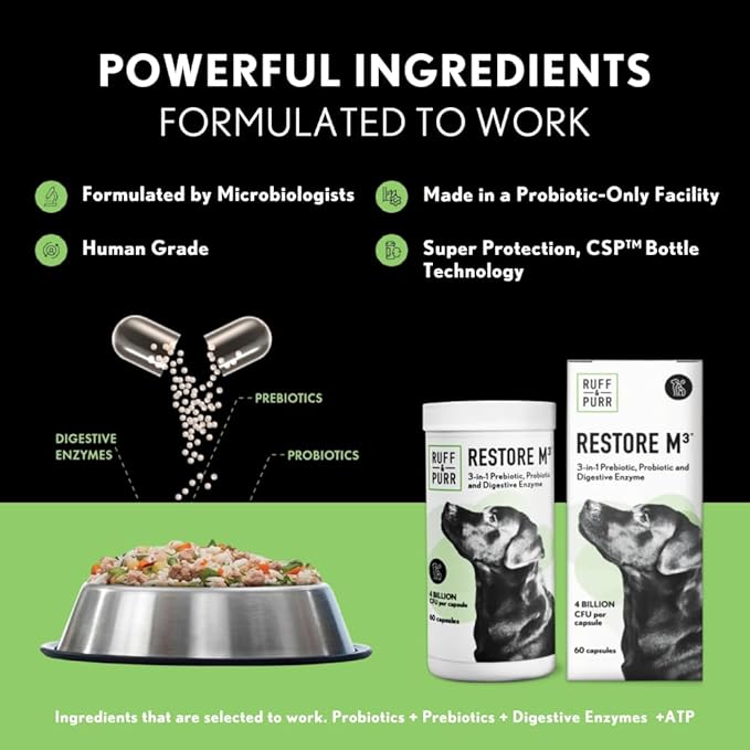 Ruff & Purr Probiotics for Dogs – 3-in-1 Probiotics, Prebiotics and Digestive Enzymes for Gut Health, Immune Support, Healthy Skin and Coat – Clinically Studied DE111 & PreforPro