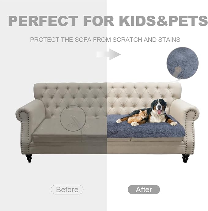 Dogs/Cats Bed Mats, Dog Pad Washable Removable Couch Cover with Anti-Slip Back, Plush Long Fur Mat, Perfect for Small, Medium and Large Dogs.(Navy Blue, 82"x82")