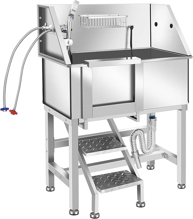 Professional Stainless Steel Dog Bathing Station, Dog Grooming Tub, with Stairs, Floor Grate & Faucet for Dog Bathtub for Large, Medium & Small Pets,34" L-RAMP