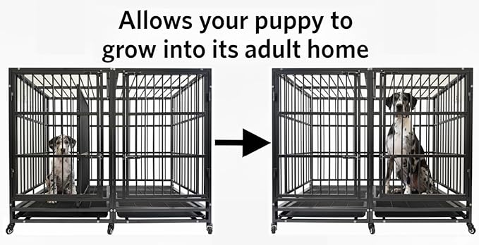 54 Heavy Duty Dog Crate Cage with Divider, Indestructible and Escape Proof Steel Kennel Indoor for High Anxiety Dogs with Removable Tray, Lockable Wheels, Double Door, Extra Large XL XXL