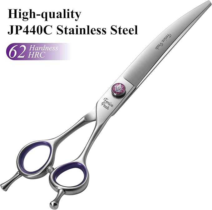 Fenice Peak 8'' Curved Dog Grooming Scissors Professional 440C Stainless Steel Pet Trimming Shears with Decorative Screw and Offset Handle Sharp and Durable