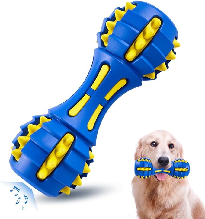 AUSCAT Teething Dog Chew Toys, Durable Squeaky Dog Toys, Rubber Chew Toys for Dogs, Dumbbell Shape, Blue