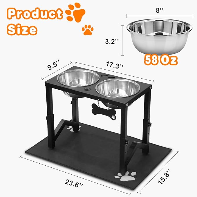 Elevated Dog Bowls, 3 Height Adjustable Metal Raised Bowl Stand with 2 Thick Stainless Steel Food Bowls & Spill-Proof Mat, Adjusts to 14.2'', 12.2'', 10.2'' for Large/Medium Breeds
