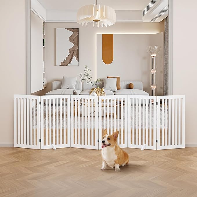 unipaws 120" Extra Wide Pet Gate, Free Standing Dog Gate for Doorways, Stairs, Foldable Gate & Room Divider, Wooden Puppy Playpen, Expandable Barrier for The House, Indoor Use (36" H, White)