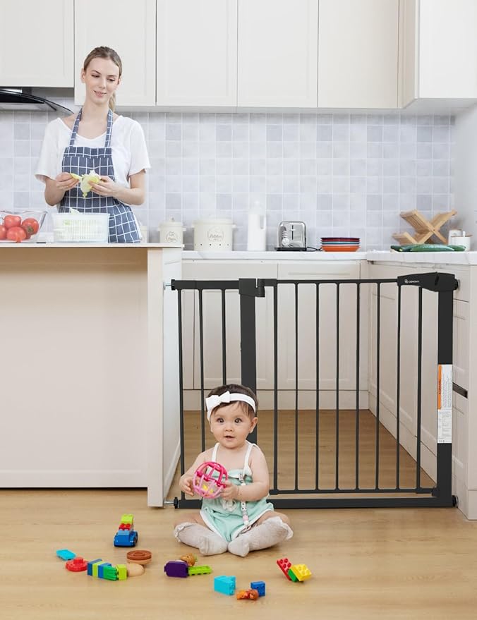 COMOMY 30" Tall Baby Gate for Stairs Doorways, Fits Openings 29.5" to 43.3" Wide, Auto Close Extra Wide Dog Gate for House, Pressure Mounted Easy Walk Through Pet Gate with Door, Black