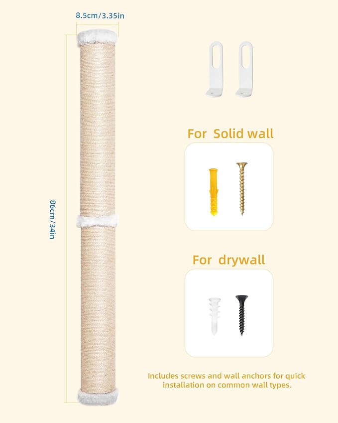 34'' Wall Cat Scratching Post, Wall Mounted Cat Scratcher Furniture for Indoor Active Cats, Tall Sisal Pole for Large Adult Cat Pet Climb Stretch Walk