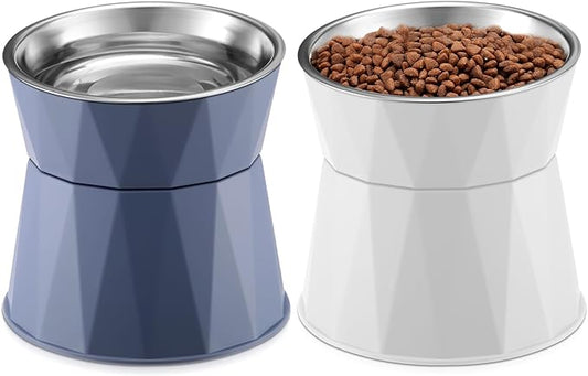 Lallisa Cat Feeder, 2 Pcs Elevated Stainless Steel Bowls with Adjustable Raised Stand, Non-Slip Pet Food and Water Bowl for Cats, Dogs, Hygienic Feeding Eating Pets (Blue, White)
