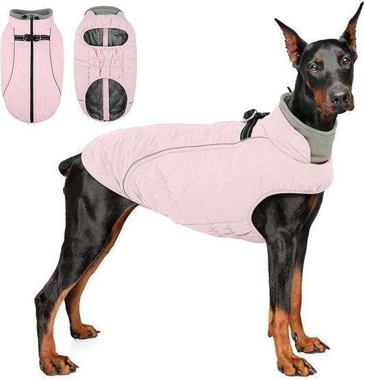 QBLEEV Dog Coat for Large Dogs, XL Dog Jacket for Winter Snow Waterproof with Built-in D-Ring Harness, Reflective Warm Fleece Safety Vest, Cold Weather Snowsuit with Zipper, Elastic Belly, Pink, XL