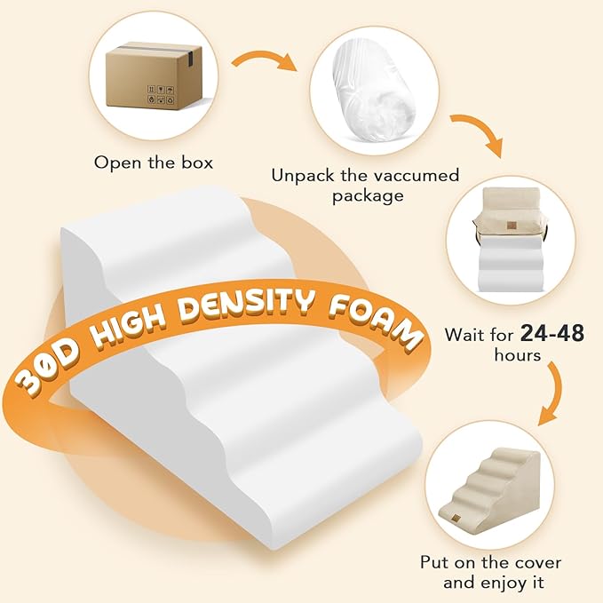 Mestuel 23in High Dogs Stairs, F Stairs for High Bed,5 Steps Ramp to High Couch Sofa Bed Indoor with Gentle Slope& Nonslip Bottom, Lint Roller Set, Beige