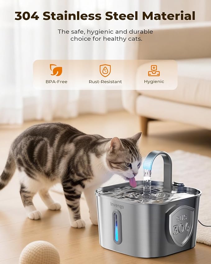 Cat Water Fountain Stainless Steel: 74oz/2.2L Cat Fountain for Drinking | Quiet Cats Water Bowl Dispenser | Pet Water Fountain for Cats Inside | Easy-to-Clean Kitty Drinking Fountains for Small Pets