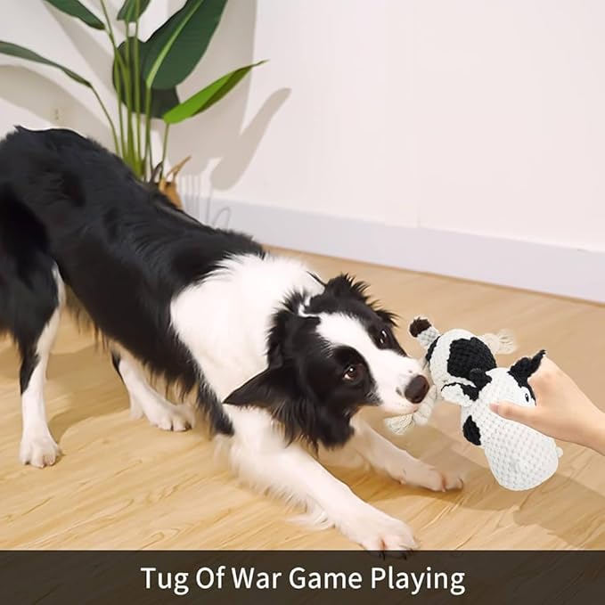 COWIE - Durable Plush Cow Dog Toy with Rope – Soft Chew Toy for Puppies Small Medium & Large Dogs – Crinkle Ears, Teeth-Cleaning & Interactive Squeaky Dog Toys