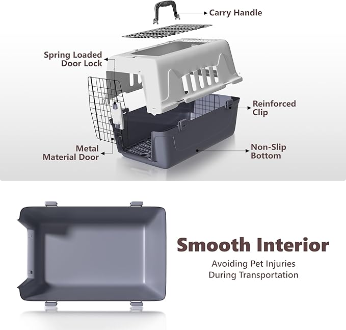 Athena Collection 22" Hard-Sided Travel Pet Carrier for Small Dogs and Cats, Plastic Dog Crate with 2-Door Top & Front Load, Ventilation, Security Lock, Cat Dog Carrier for Pet, up to 22lbs, Grey