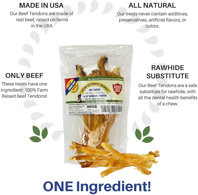 Beef Tendons for Dogs - 6-10 Inch Grass Fed Farm-Raised American Treats. All Natural Dental Chews. Grain Free Odor-Free (5 Count)