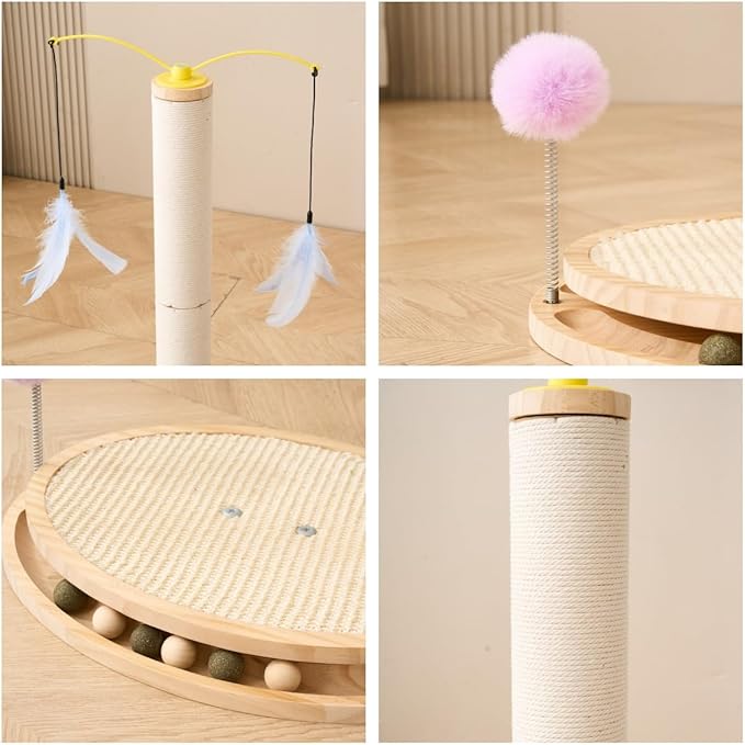 SHENGOCASE Cat Tree Scratching Post Scratcher, 26 Inch Tall, Solid Wood Base,Sisal Rope, Interactive Ball Track and Spinning Wand Feather Toys, Scratch Pad