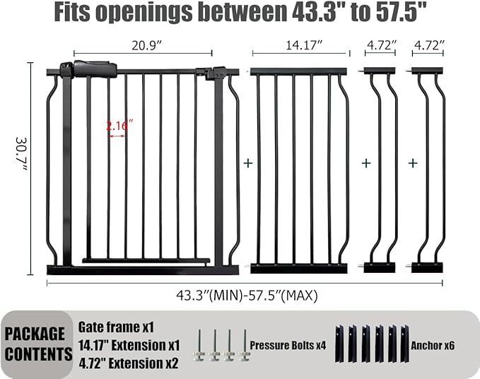 Extra Wide Baby Gate, 52.7-57.5 Inch, Large Walk Through, Black Metal, Pressure Mounted, Long Safety Dog Gate for House Doorways & Stairs