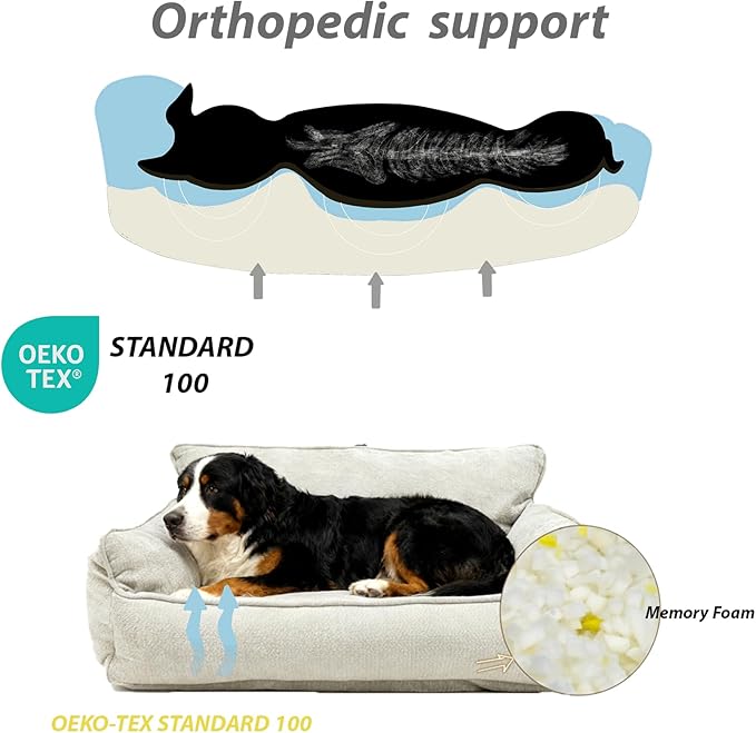 Small Orthopedic Dog Sofa Bed with Sides, Carry Handle & Side Pockets .Plush Chenille Orthopedic Pet Bed Couch for Small Breed Dogs & Cats .Portable Snuggler for Indoor Use, Travel & Recovery
