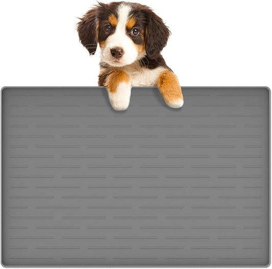 24"x16" Large Dog Food Mat, Silicone Dog and Cat Mats for Food and Water Bowls, Waterproof Raised Edge Pet Feeding Mat for Contain Spills Protects Floors, Multiple Colors & Sizes for Pets, Light Gray