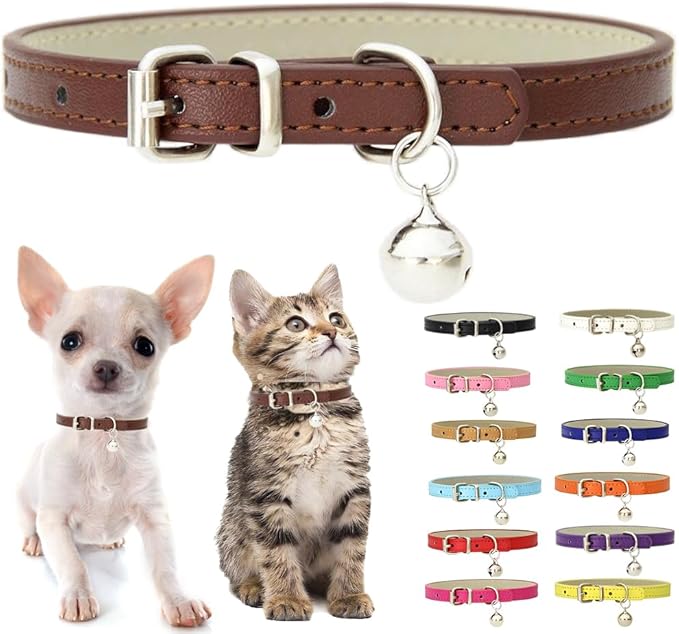 Brown Kitten Collar with Bell, Soft Pu Leather Small Dog Collars Adjustable Buckle for XXS XS Extra Small Medium Tiny Female Male Boys Girls Pets Puppy Cats Teacup Yorkie XX-Small