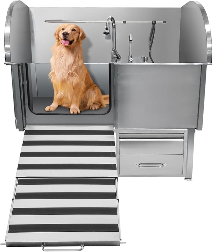 Professional Dog Grooming Tub, 50" Stainless Steel Dog Wash Station with Foldable Ramp, Storage Drawer, Floor Grate & Faucet/Dog Bathtub for Large, Medium & Small Pets - Left Door (50")