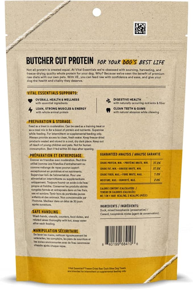 Vital Essentials Duck Bites Dog Treats, 5.5 oz | Freeze-Dried Raw | Single Protein | Premium Quality High Protein Training Treats | Grain Free, Gluten Free, Filler Free