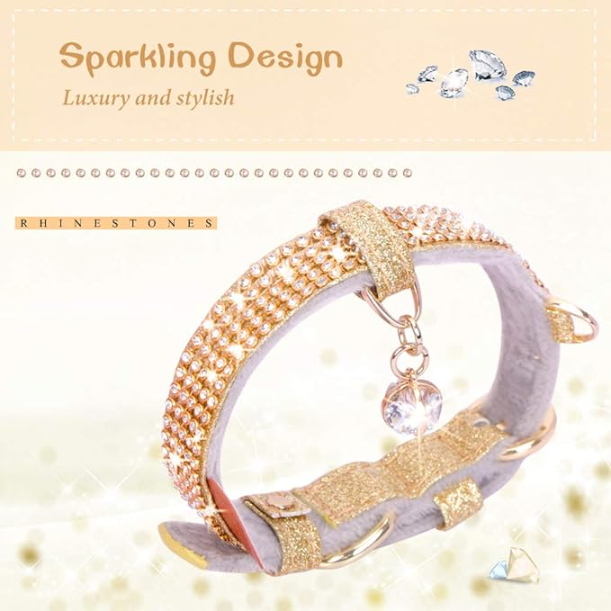 PetsHome Cat Collar, Dog Collar, [Bling Rhinestones] Premium PU Leather with Pendant Adjustable Collars for Small to Medium Dog Medium Gold