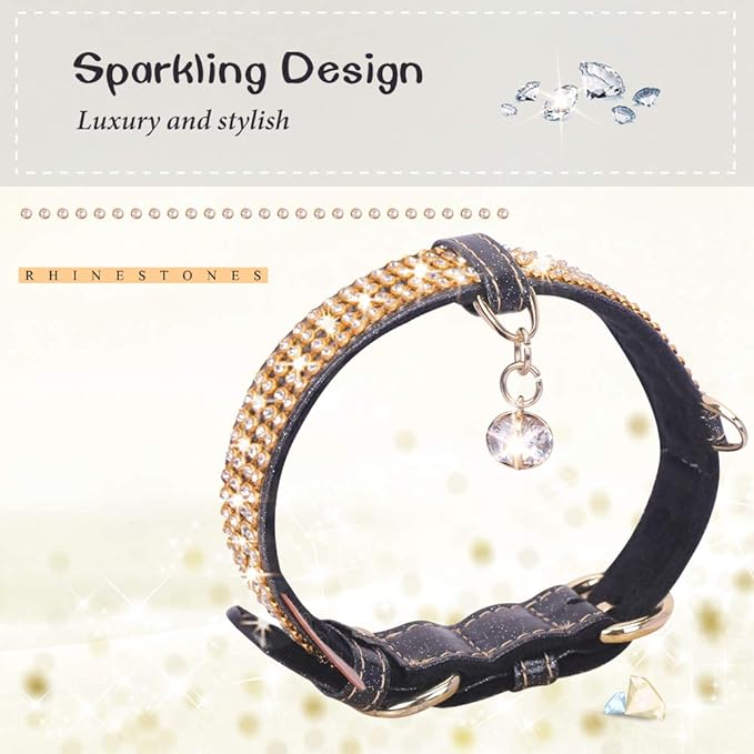 PetsHome Cat Collar, Dog Collar, [Bling Rhinestones] Premium PU Leather with Pendant Adjustable Collars for Big Cat and Small to Medium Dog Small Black