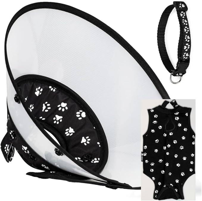 Cat Recovery Cone Kit Post Surgical Soft Pet Vest, Collar, and Non-Irritating Protection Cone for Cats - Comfortable Injury Care Solution (Black with White Paws, Medium)