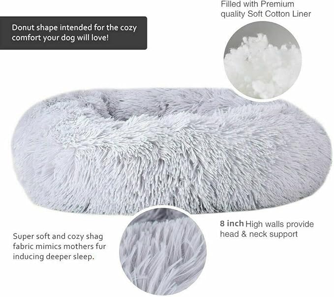 Original Calming Donut Dog and Cat Bed in Shag Fur, Dog Beds for Large Dogs, Anti Anxiety Round Fluffy Plush Faux Fur Pet Bed (Light Grey, 40x40)