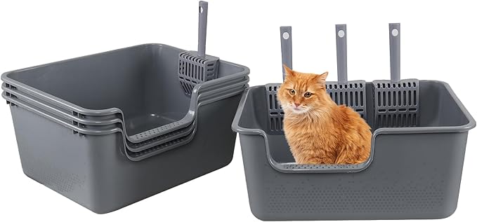 4-Pack Plastic High Wall Cat Litter Box with Scoop, Open Air Kitty Litter Pan, Gray