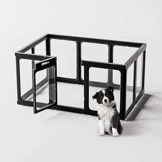 Acrylic Dog Playpen Indoor, 10 PCS Plastic Puppy Playpen with Door, Clear PlayPen for Dog Cat Rabbit Ferret, Preferable Small Dog Cage, Easy Assemble Pet Pen, 50" L x 33.5" W x 24" H, Black