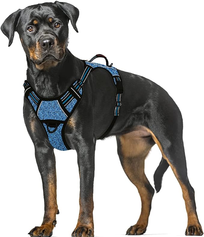 BARKBAY No Pull Dog Harness Large Reflective Dog Harness with Front Clip and Easy Control Handle for Walking Training Running with ID tag Pocket(Blue/Black,XL)