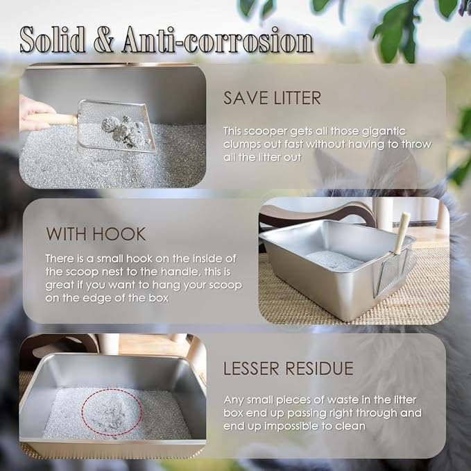 Fine Cat Litter Scoop, Stainless Steel Mesh Scooper, Kitty Metal Scooper for Litter Box Kitten Pooper, Wide Rabbit Poop Lifter with Beech Handle