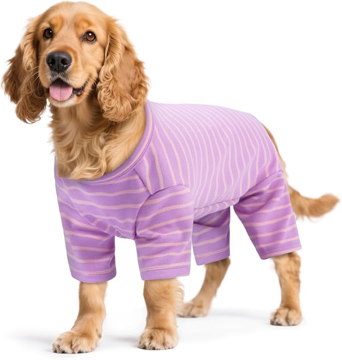 Striped Dog Pajamas - Jammies for Small to Large Dogs, Fleece Shedding Suit, Stretchy & Machine-Washable Pjs, Belly Cut for Males, Great for Surgery & Cold Weather, Purple 3XL