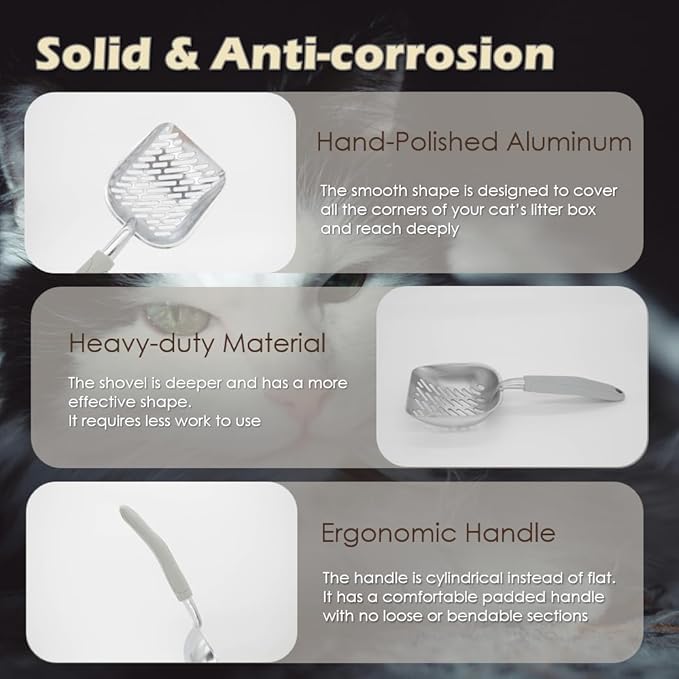 Metal Cat Litter Scoop with Holder, Aluminum Cats Litter Scooper Captures All Clumps, Heavy Duty Metal Kitty Scoopers with Holder, Cat Metal Scoop and Holder (Black)