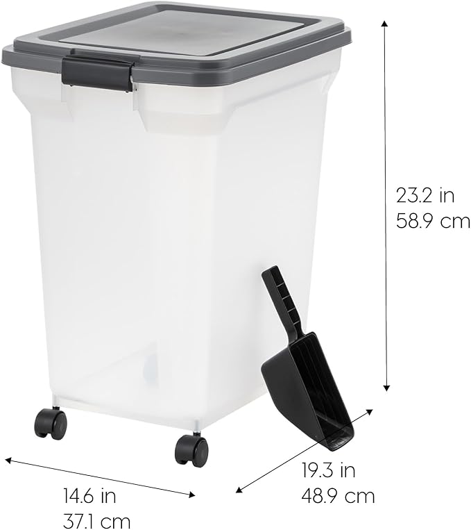 IRIS USA Dog Food Storage Container 58 lbs, Attachable Wheels, & Included Scoop, for Dog Cat Birds and other Pets, Food Storage Bin, Keep Fresh, Easy Mobility, BPA Free - Made in the USA, Dark Gray
