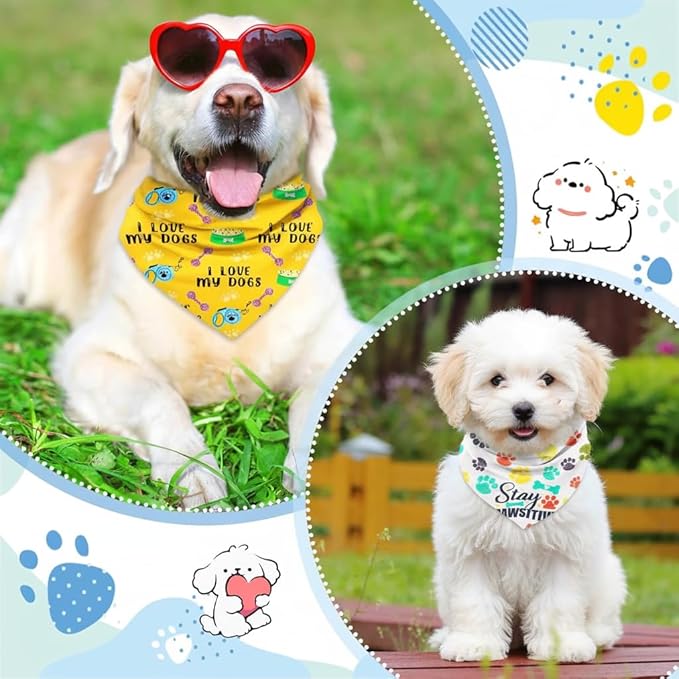 30Pcs Dog Bandanas Bulk Adjustable Washable Triangle Pet Bandanas Cartoon Bone Paw Print for Small Medium Large Dogs Grooming Daily Wear Birthday Party