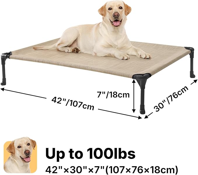 Veehoo Outdoor Elevated Dog Bed Large Sized Dogs, Large Cooling Raised Dog Cots Beds Training Platform Off Ground Hammock with Breathable Mesh, No-Slip Feet, 42"x30", Beige Coffee