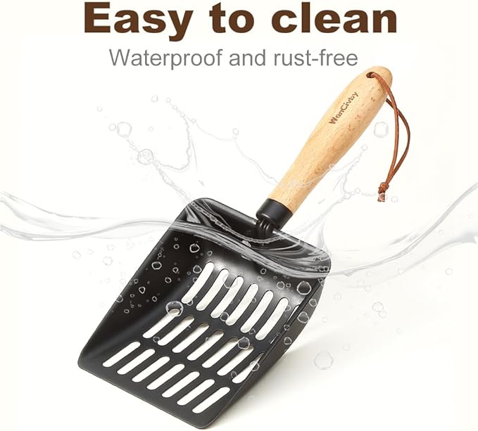 Premium Cat Litter Scoop with Ergonomic Beech Wood Handle - Stainless Steel Sifter with Hook & Hole for Easy Cleaning, Durable & Odor-Free (Teflon)